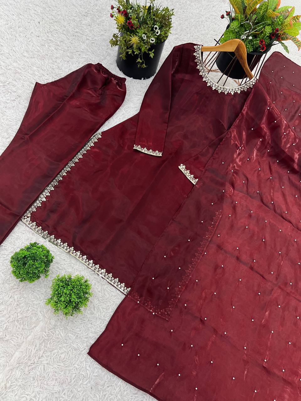 Graceful Maroon Color Pure jimmy choo Silk With Embroidery Sequence Work Kurta Set