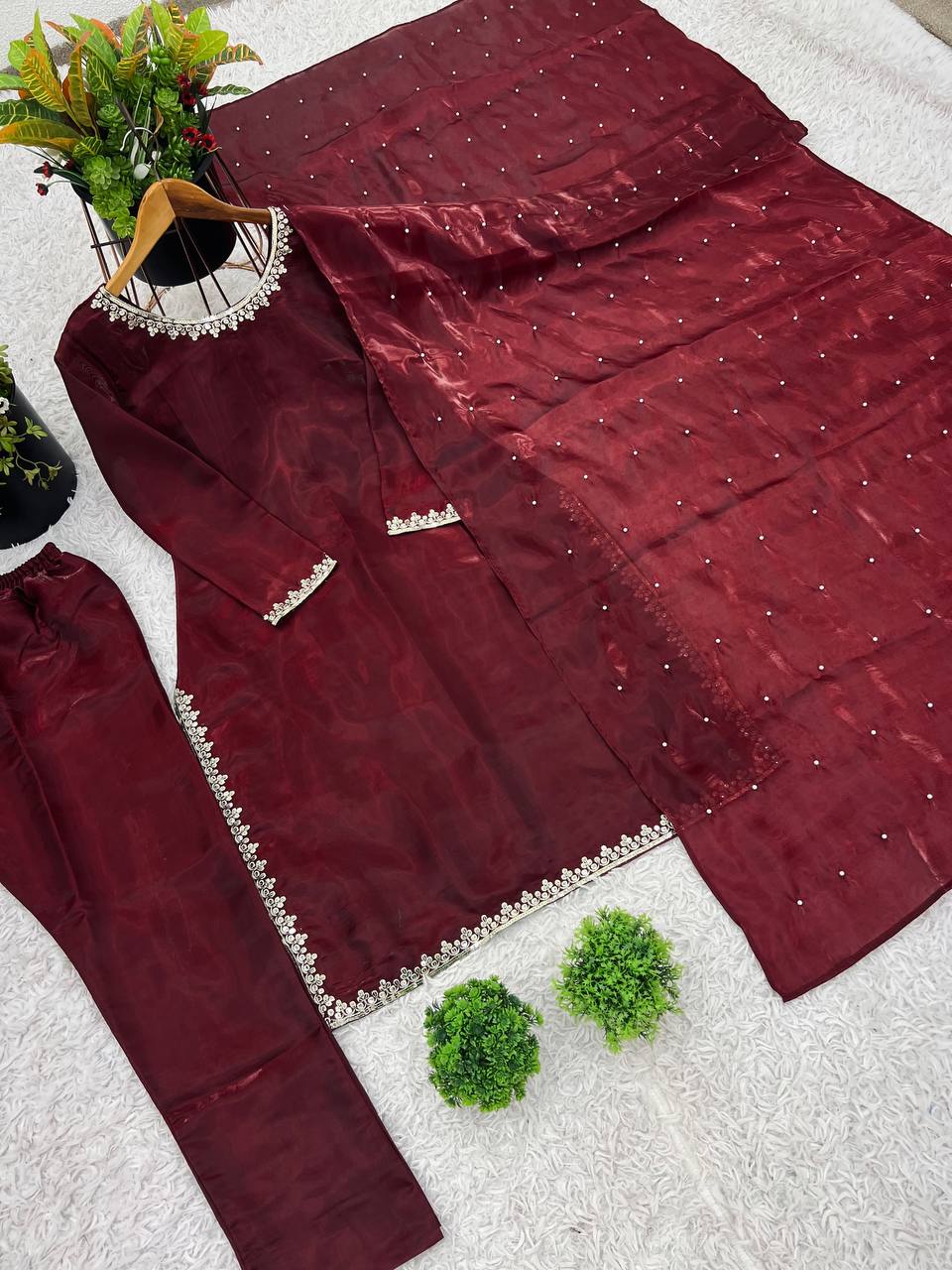 Graceful Maroon Color Pure jimmy choo Silk With Embroidery Sequence Work Kurta Set