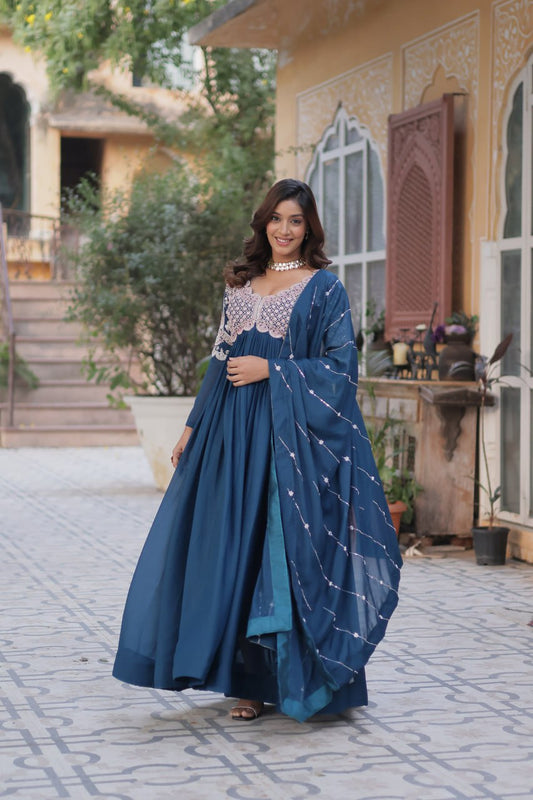 Captivating Teal Blue Color Star Georgette With Embroidery Beads Sequins Work Designer Gown