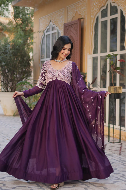 Captivating Dark Purple Color Star Georgette With Embroidery Beads Sequins Work Designer Gown