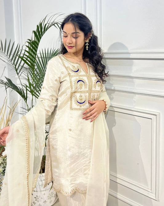 Preferable Off White Color Vichitra Silk With Heavy Coding Embroidery Sequence Work Salwar Suit