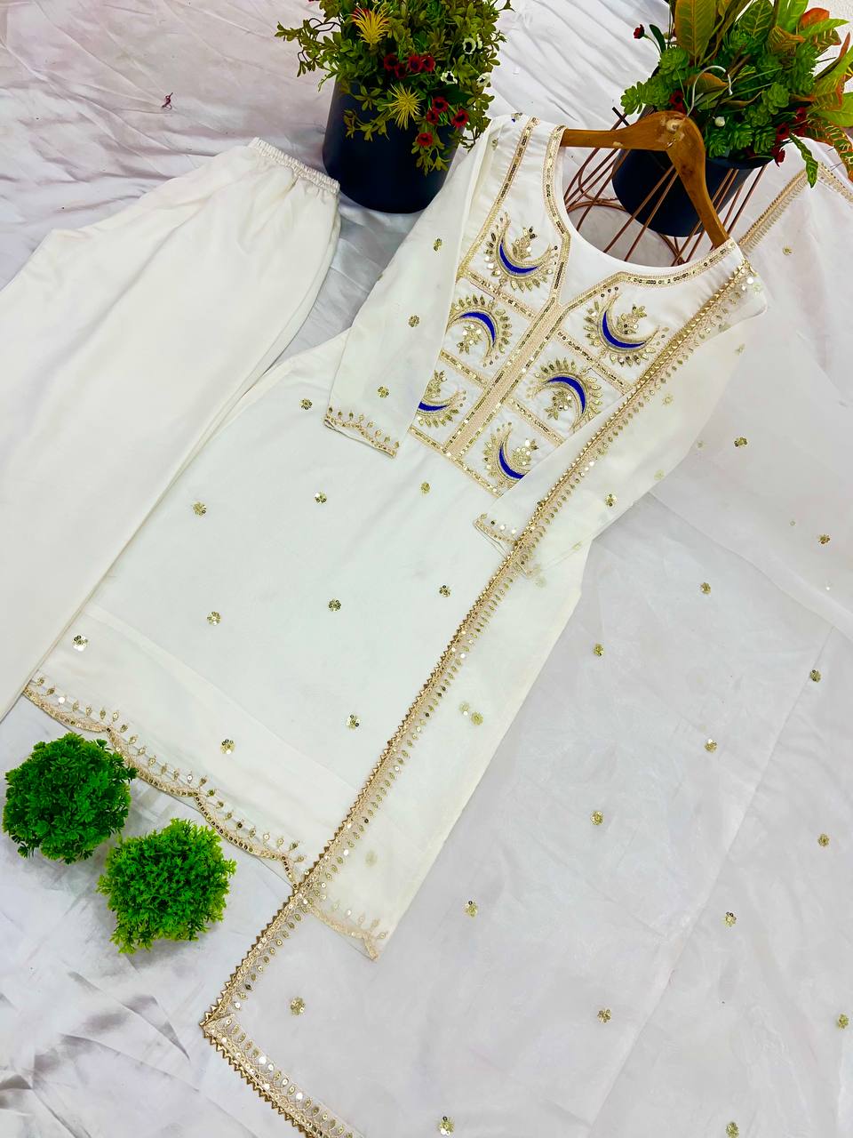 Preferable Off White Color Vichitra Silk With Heavy Coding Embroidery Sequence Work Salwar Suit