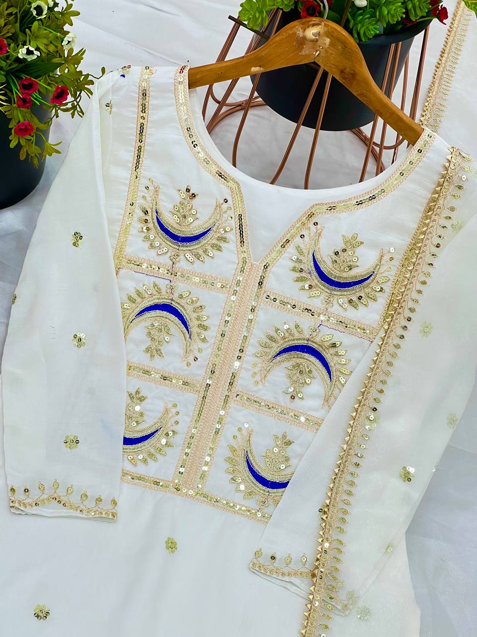 Preferable Off White Color Vichitra Silk With Heavy Coding Embroidery Sequence Work Salwar Suit