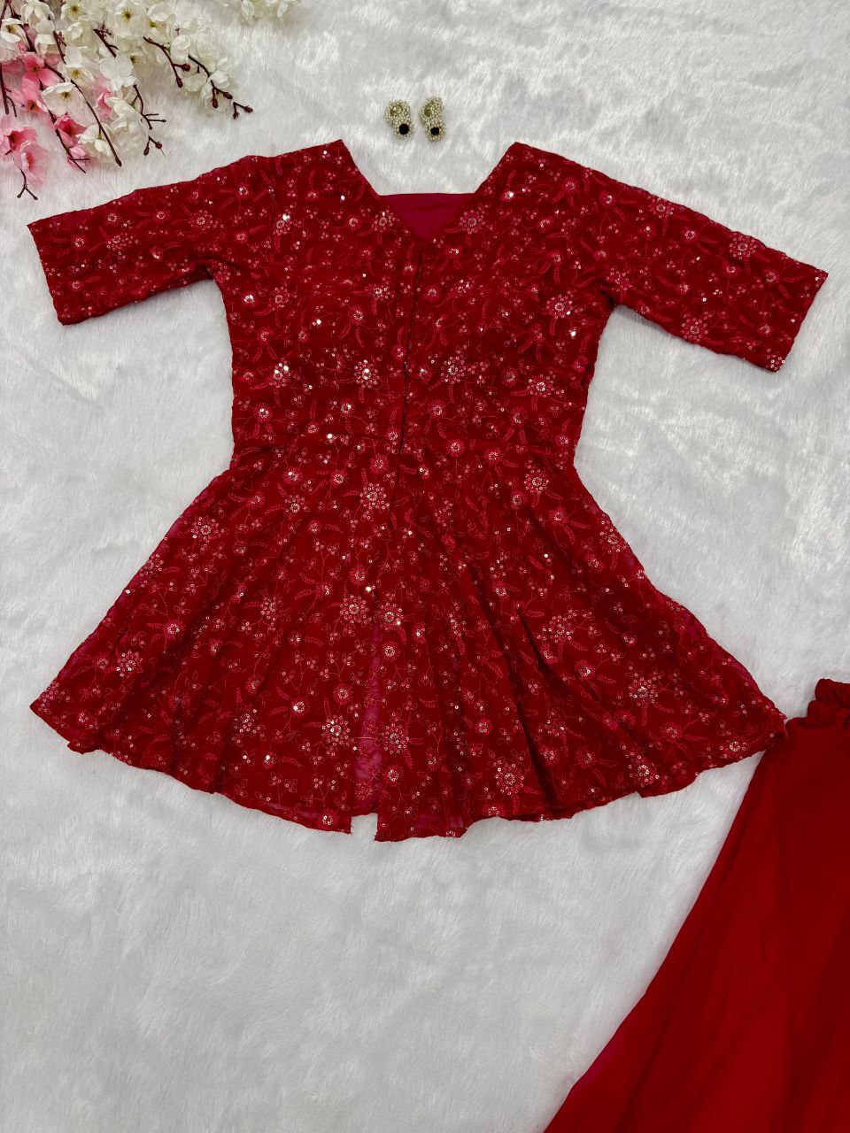 Latest Rose Pink Color Blazer Style Embroidery Sequins Work Top Of Georgette Fully Stitched Palazzo Suit