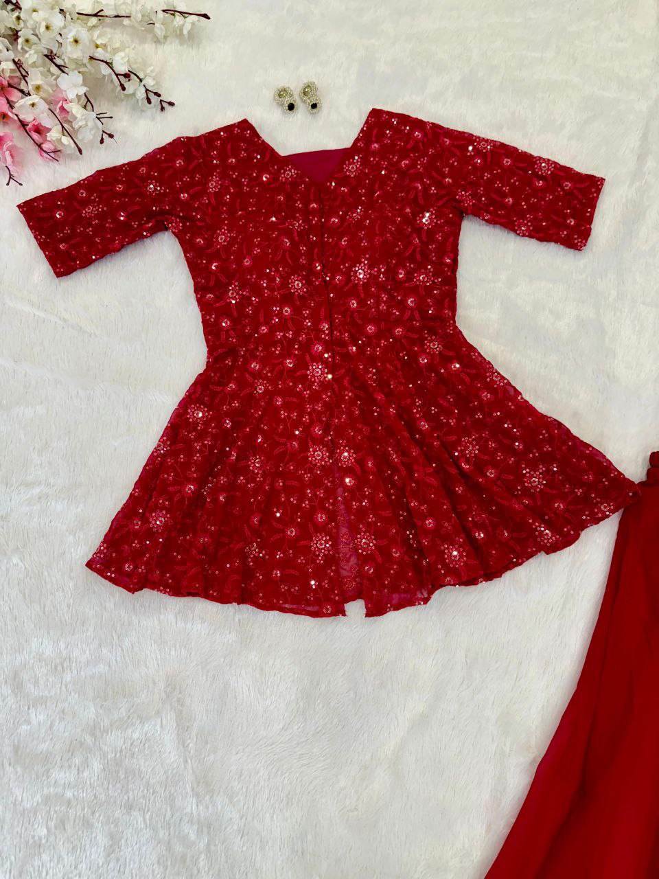 Latest Rose Pink Color Blazer Style Embroidery Sequins Work Top Of Georgette Fully Stitched Palazzo Suit