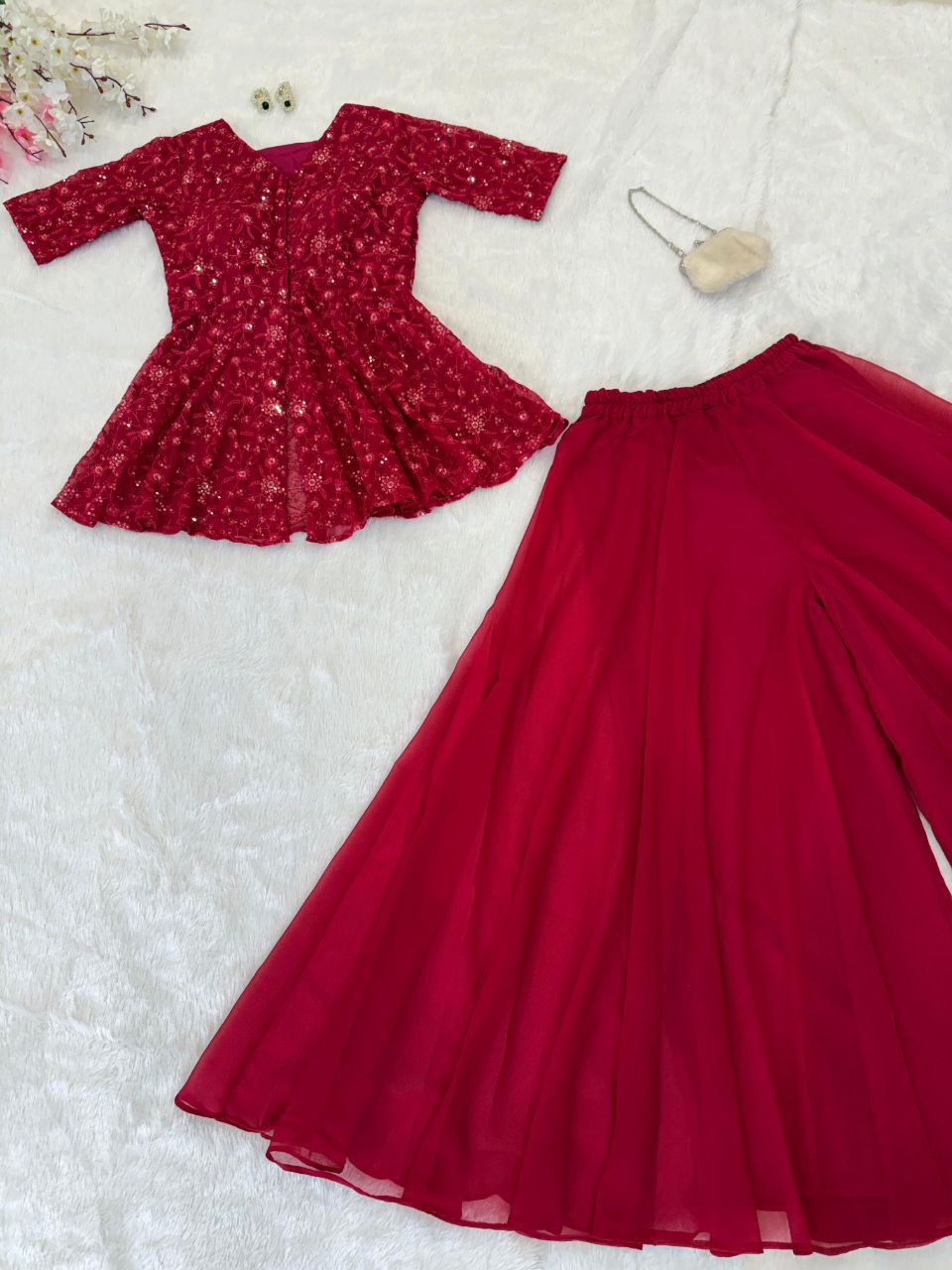 Latest Rose Pink Color Blazer Style Embroidery Sequins Work Top Of Georgette Fully Stitched Palazzo Suit