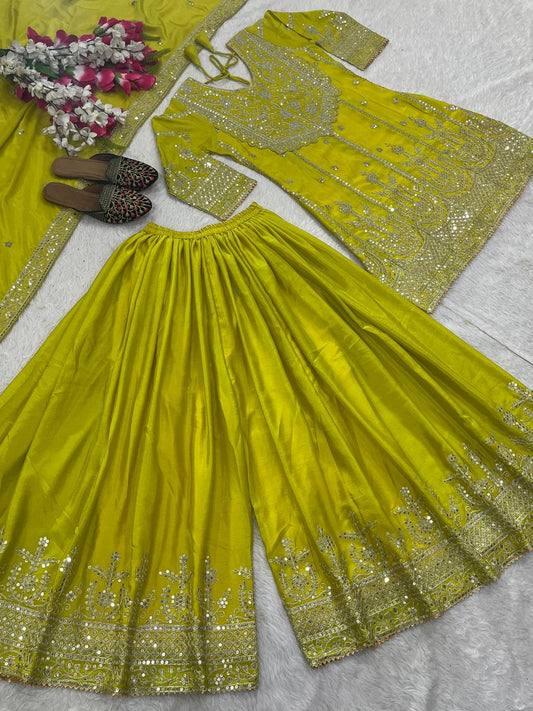 Mesmerizing Lemon Heavy Chinon Silk With Embroidery Sequence Coding Work Sharara Suit