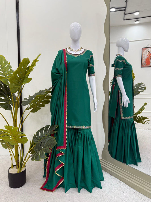 Festive Wear Teal Green Natural Crepe And Thread With Sequence Work Sharara Suit