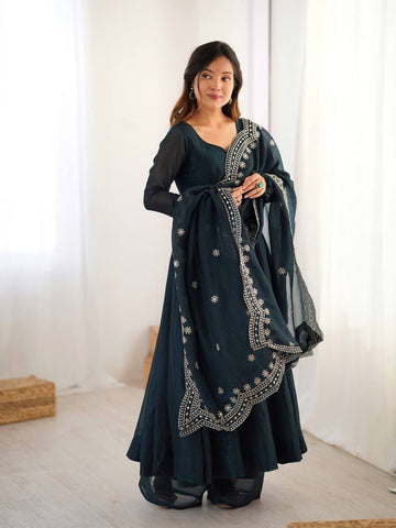 Fashionable Party Wear Look Dark Green Color Heavy Fandy Silk Gown