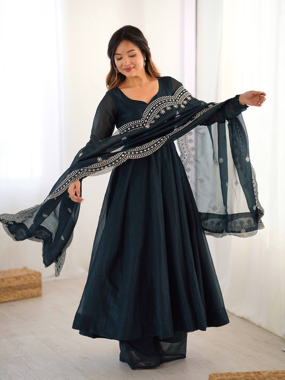Fashionable Party Wear Look Dark Green Color Heavy Fandy Silk Gown