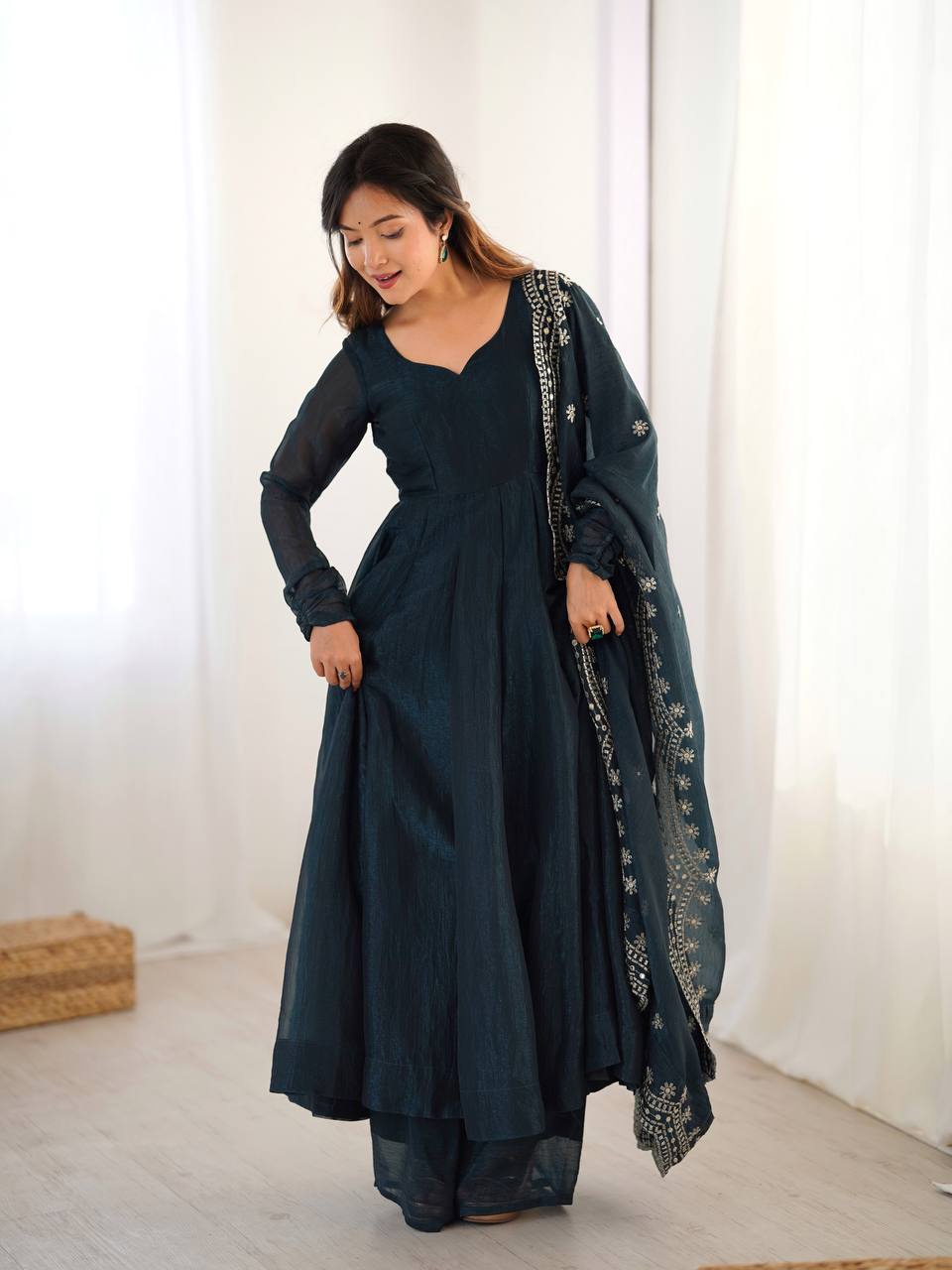 Fashionable Party Wear Look Dark Green Color Heavy Fandy Silk Gown