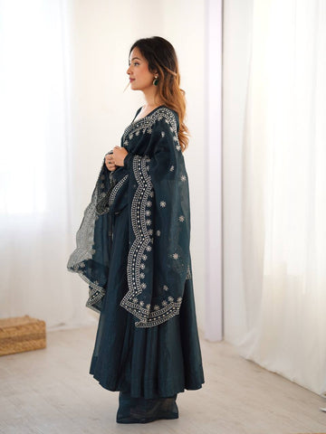 Fashionable Party Wear Look Dark Green Color Heavy Fandy Silk Gown