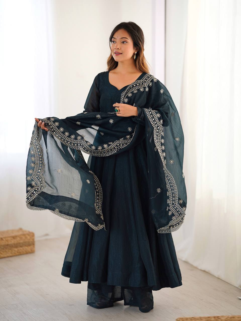 Fashionable Party Wear Look Dark Green Color Heavy Fandy Silk Gown