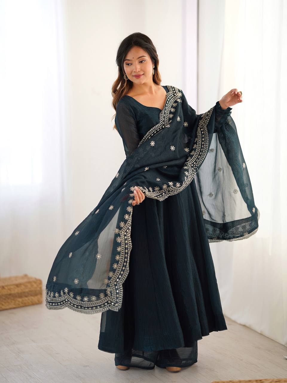 Fashionable Party Wear Look Dark Green Color Heavy Fandy Silk Gown
