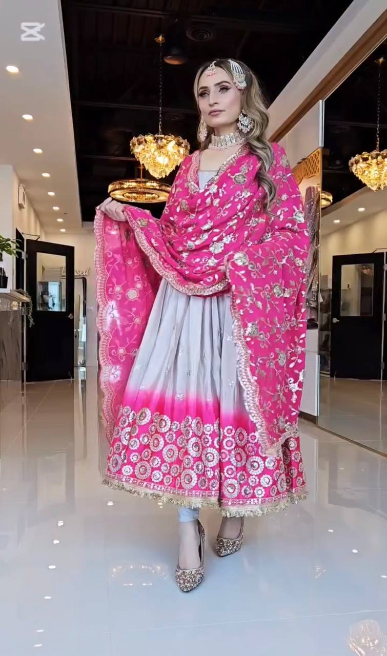 Attractive Pink And Grey Color Heavy Pure Chinon And Digital Printed Anarkali Suit