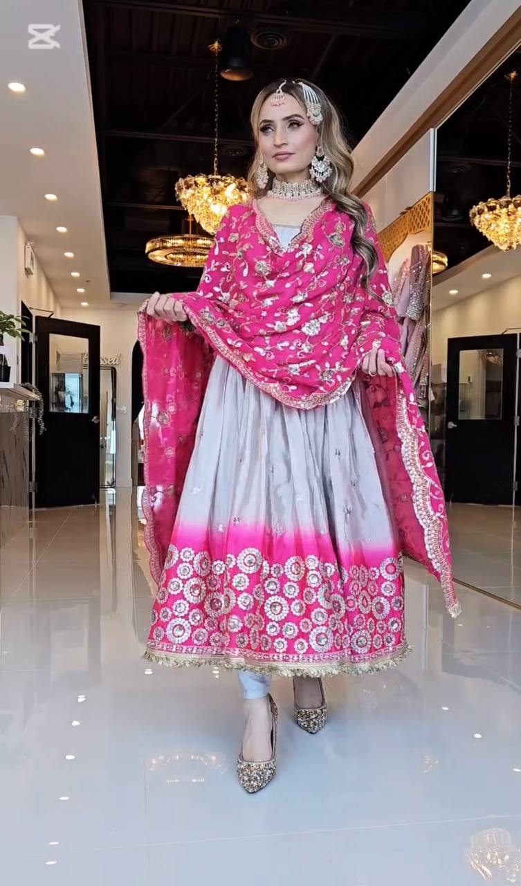 Attractive Pink And Grey Color Heavy Pure Chinon And Digital Printed Anarkali Suit