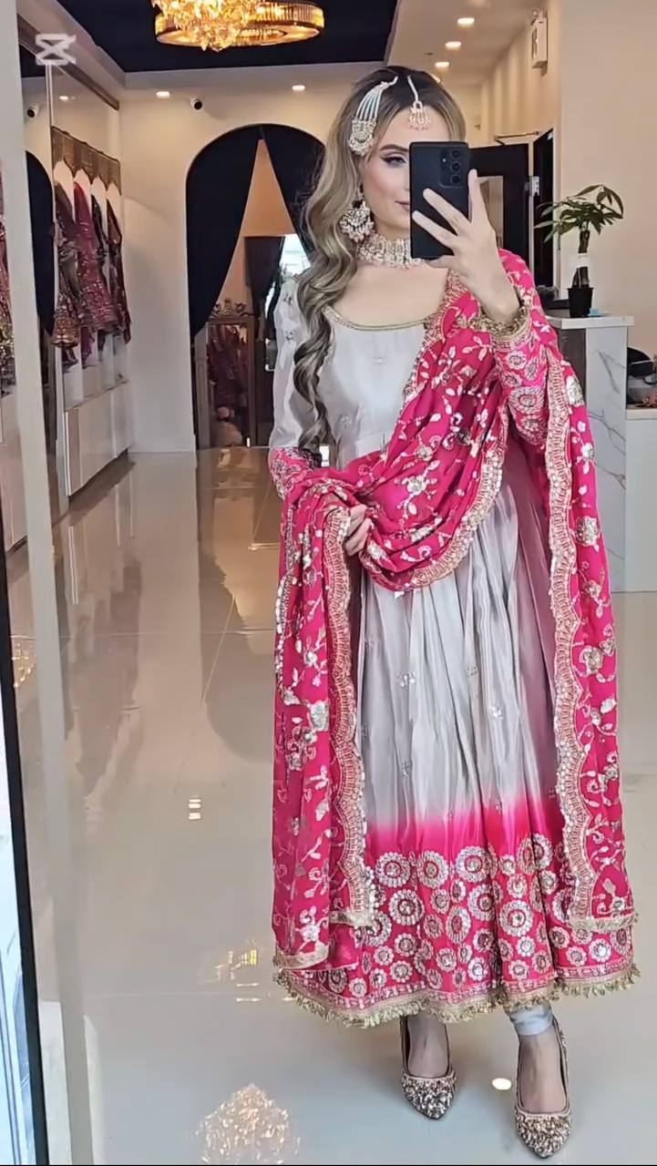 Attractive Pink And Grey Color Heavy Pure Chinon And Digital Printed Anarkali Suit