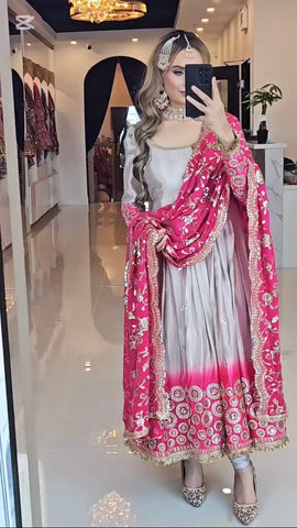 Attractive Pink And Grey Color Heavy Pure Chinon And Digital Printed Anarkali Suit