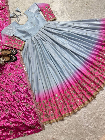 Attractive Pink And Grey Color Heavy Pure Chinon And Digital Printed Anarkali Suit