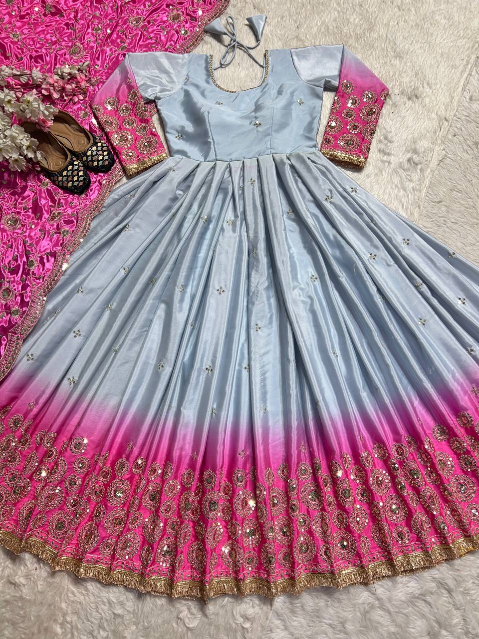 Attractive Pink And Grey Color Heavy Pure Chinon And Digital Printed Anarkali Suit