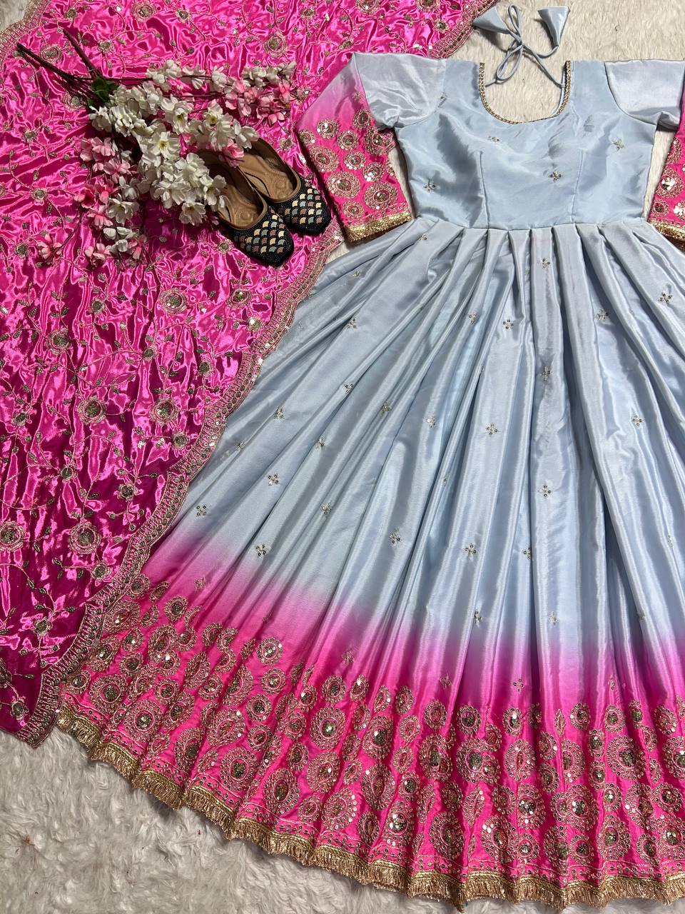 Attractive Pink And Grey Color Heavy Pure Chinon And Digital Printed Anarkali Suit