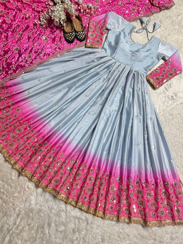 Attractive Pink And Grey Color Heavy Pure Chinon And Digital Printed Anarkali Suit