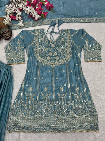 Trendy Aqua Blue Heavy Chinon Silk With Embroidery Sequence Coding Work Sharara Suit