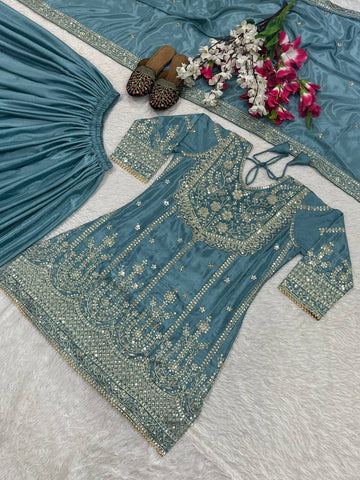 Trendy Aqua Blue Heavy Chinon Silk With Embroidery Sequence Coding Work Sharara Suit