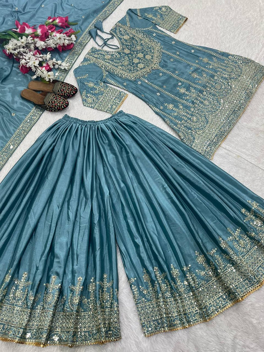 Trendy Aqua Blue Heavy Chinon Silk With Embroidery Sequence Coding Work Sharara Suit