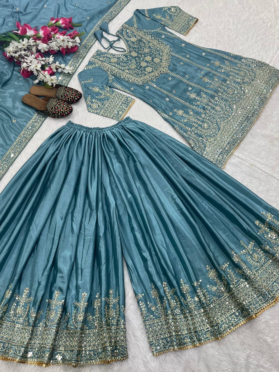 Trendy Aqua Blue Heavy Chinon Silk With Embroidery Sequence Coding Work Sharara Suit