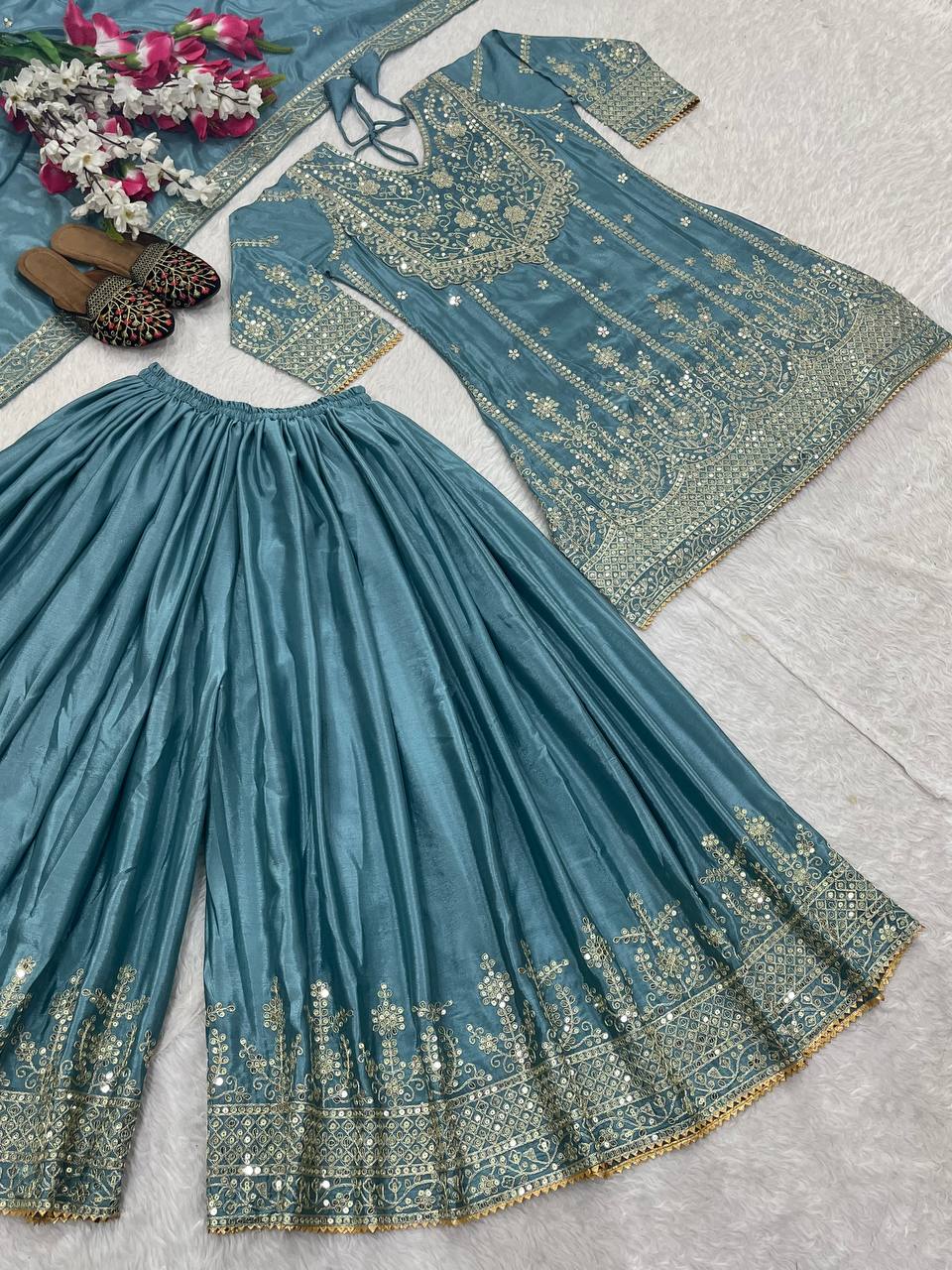 Trendy Aqua Blue Heavy Chinon Silk With Embroidery Sequence Coding Work Sharara Suit