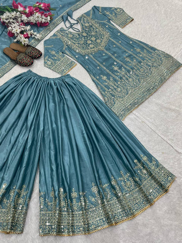 Trendy Aqua Blue Heavy Chinon Silk With Embroidery Sequence Coding Work Sharara Suit