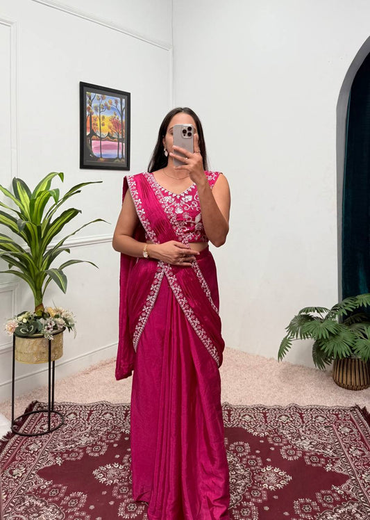 Superhit Pink Color Chinon With Embroidered Lace Border Ready To Wear Saree
