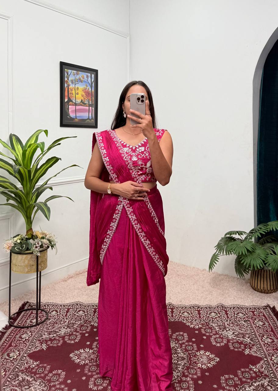 Superhit Pink Color Chinon With Embroidered Lace Border Ready To Wear Saree