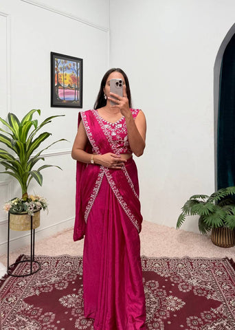 Superhit Pink Color Chinon With Embroidered Lace Border Ready To Wear Saree