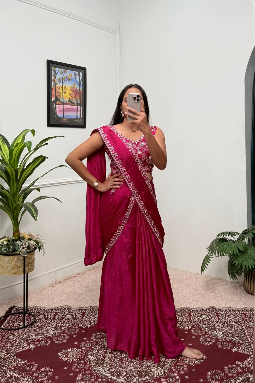 Superhit Pink Color Chinon With Embroidered Lace Border Ready To Wear Saree
