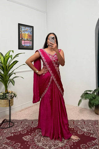 Superhit Pink Color Chinon With Embroidered Lace Border Ready To Wear Saree