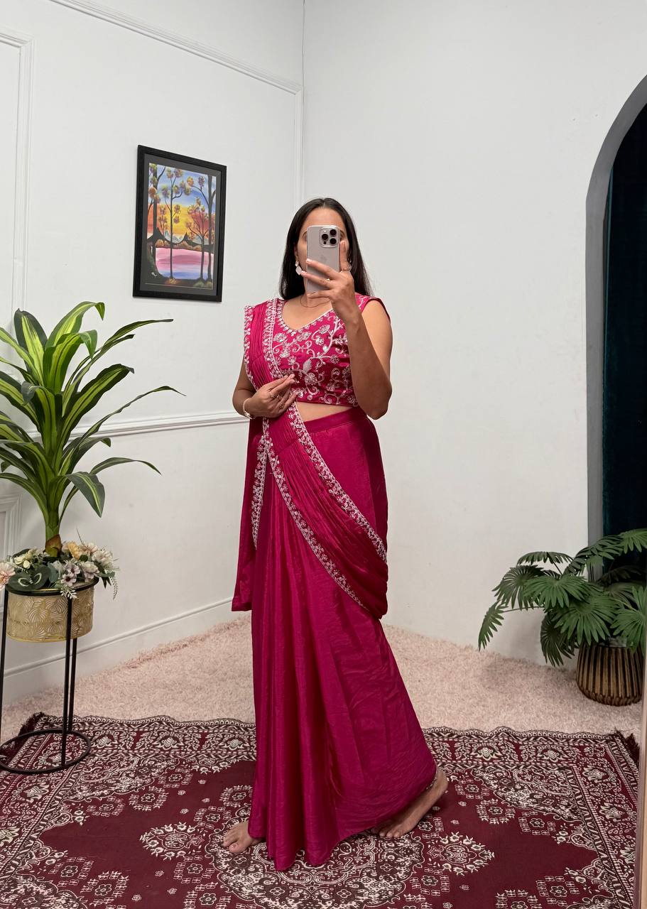 Superhit Pink Color Chinon With Embroidered Lace Border Ready To Wear Saree