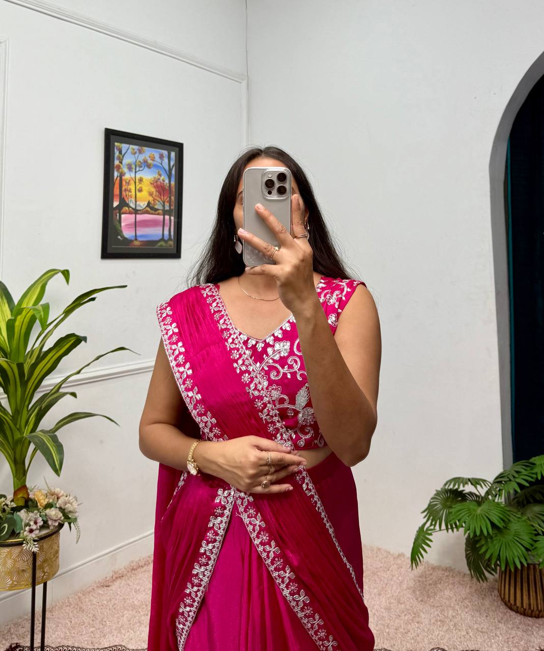 Superhit Pink Color Chinon With Embroidered Lace Border Ready To Wear Saree
