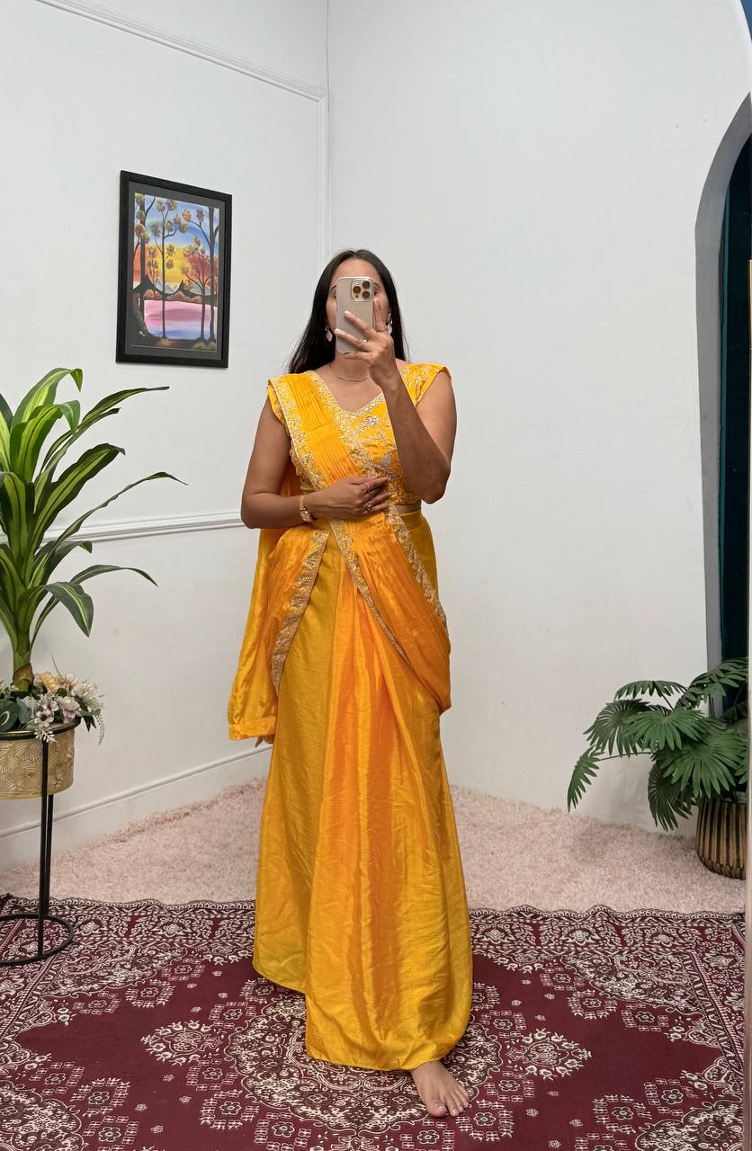 Superhit Yellow Color Chinon With Embroidered Lace Border Ready To Wear Saree
