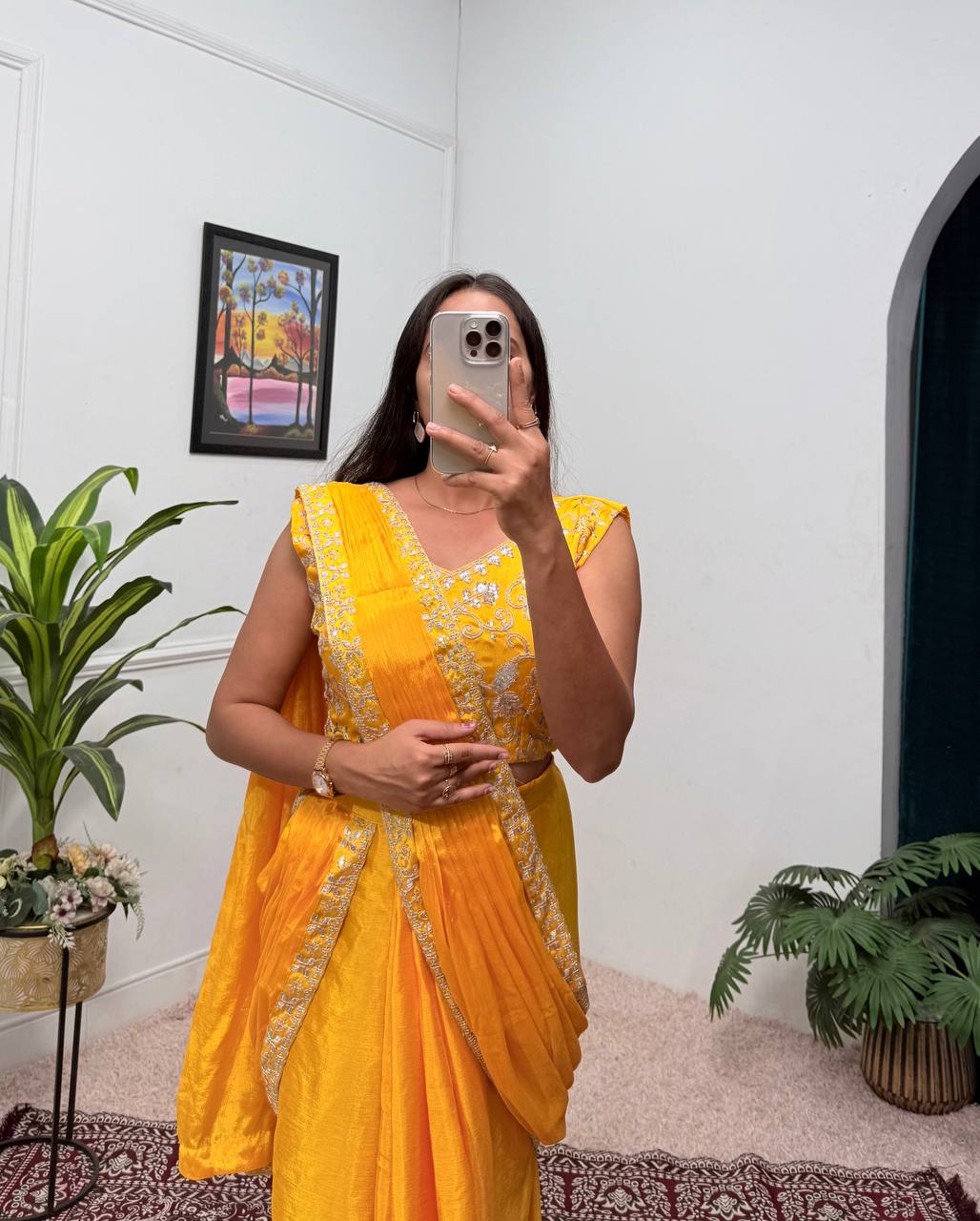 Superhit Yellow Color Chinon With Embroidered Lace Border Ready To Wear Saree