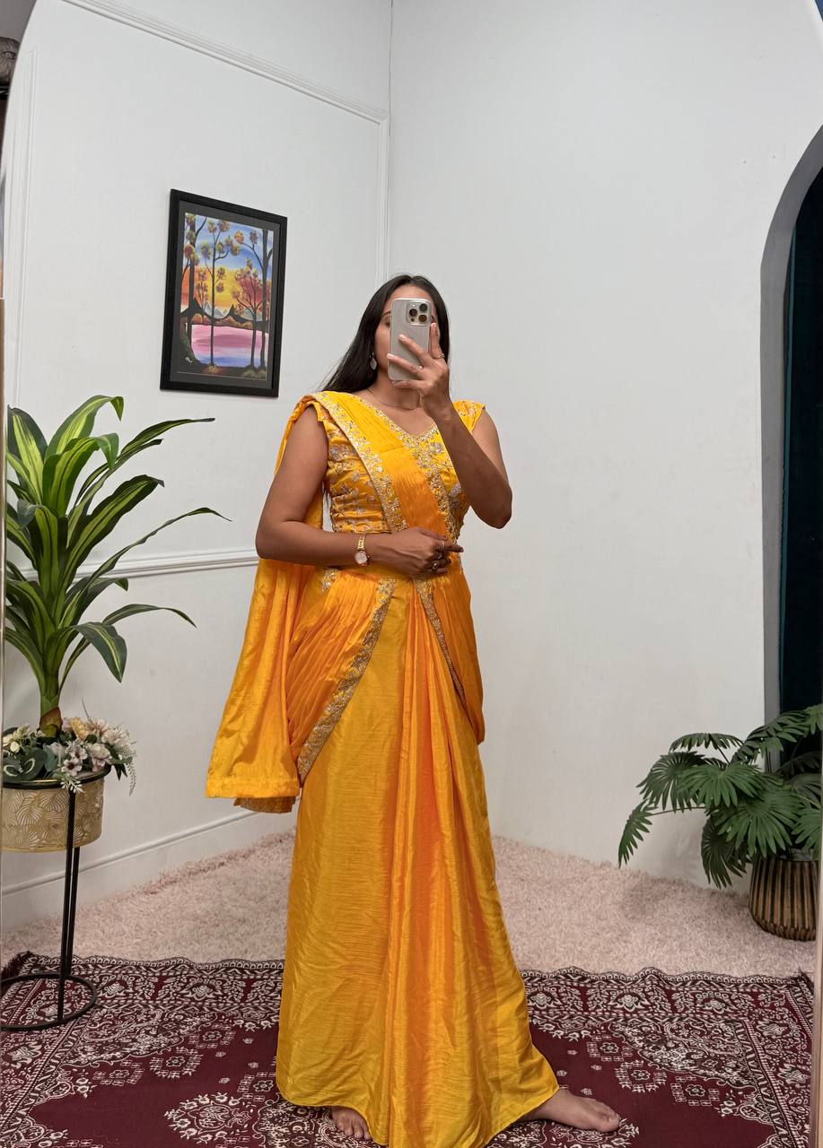 Superhit Yellow Color Chinon With Embroidered Lace Border Ready To Wear Saree