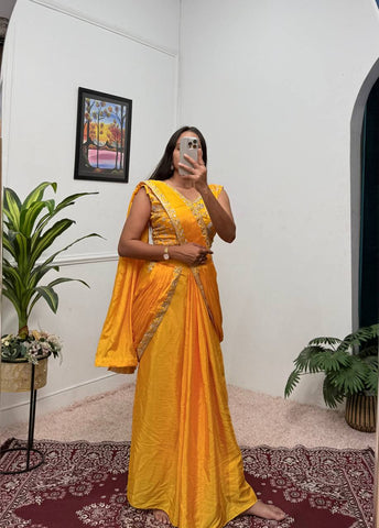 Superhit Yellow Color Chinon With Embroidered Lace Border Ready To Wear Saree