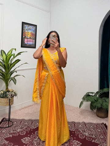 Superhit Yellow Color Chinon With Embroidered Lace Border Ready To Wear Saree