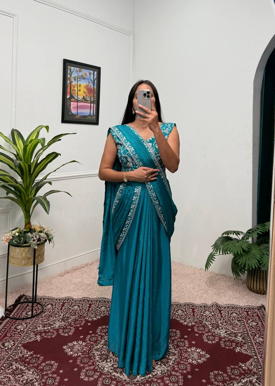 Superhit Teal Color Chinon With Embroidered Lace Border Ready To Wear Saree