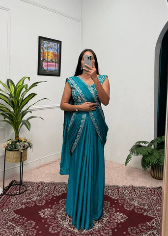 Superhit Teal Color Chinon With Embroidered Lace Border Ready To Wear Saree
