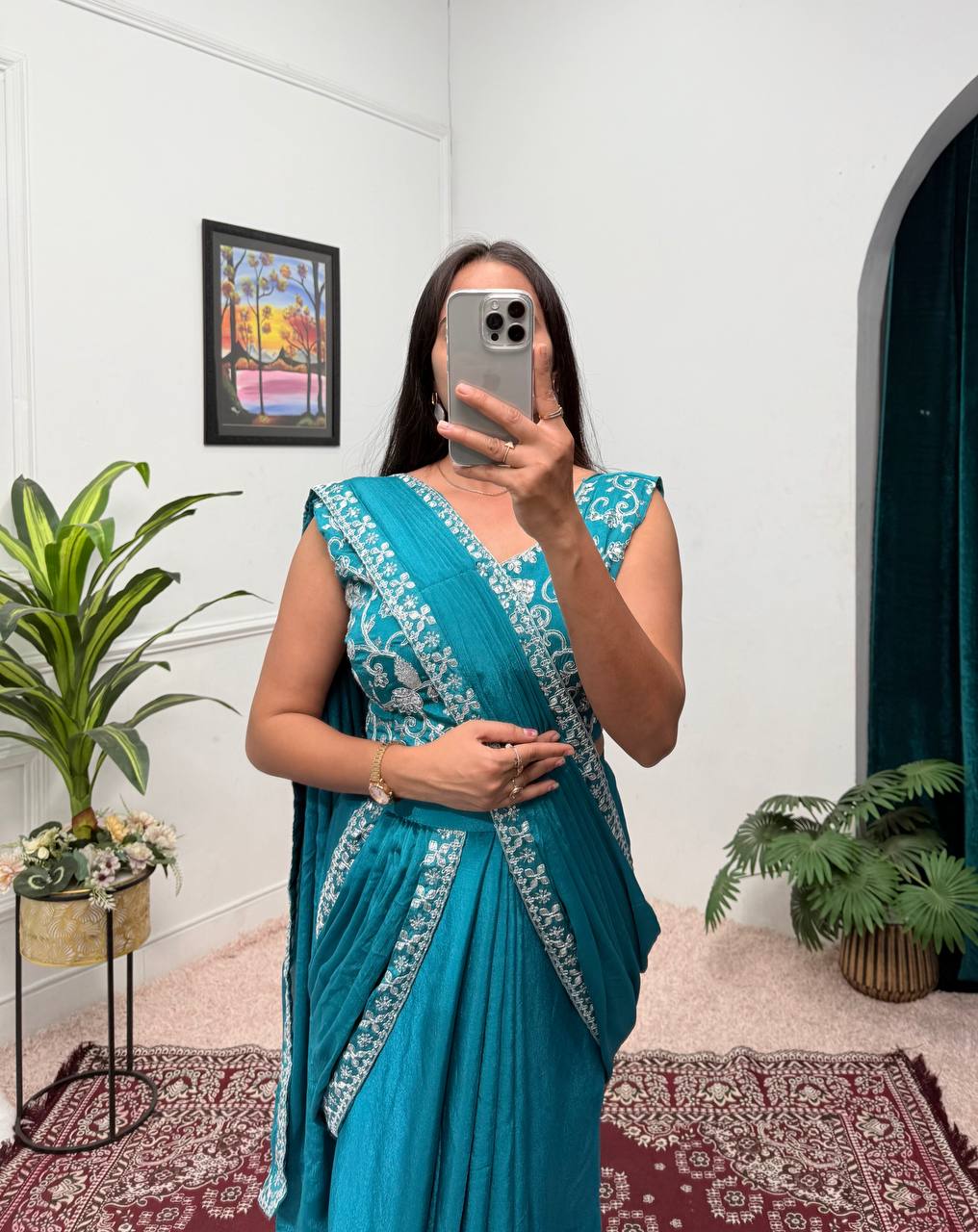 Superhit Teal Color Chinon With Embroidered Lace Border Ready To Wear Saree