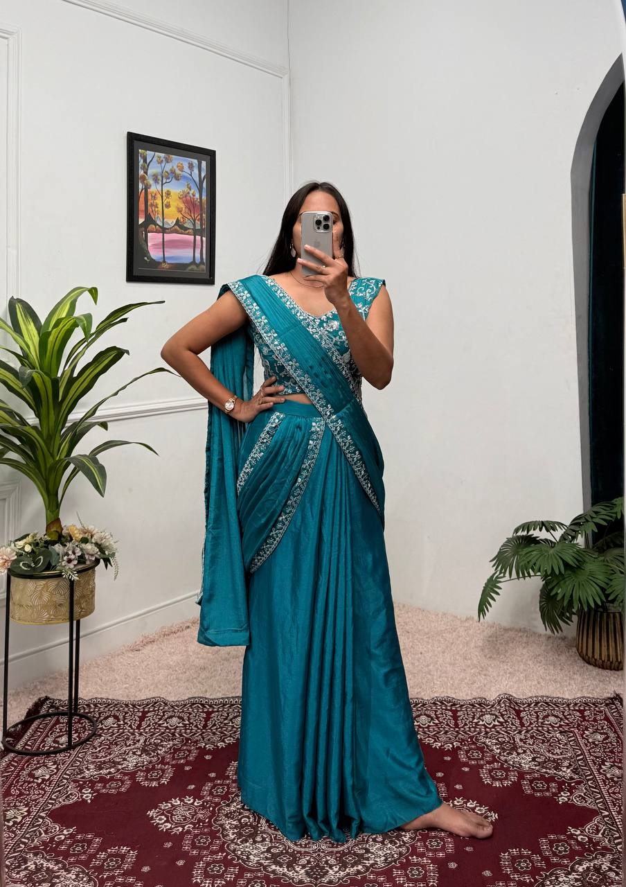 Superhit Teal Color Chinon With Embroidered Lace Border Ready To Wear Saree