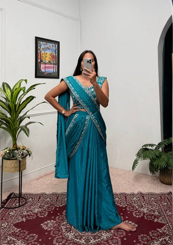 Superhit Teal Color Chinon With Embroidered Lace Border Ready To Wear Saree
