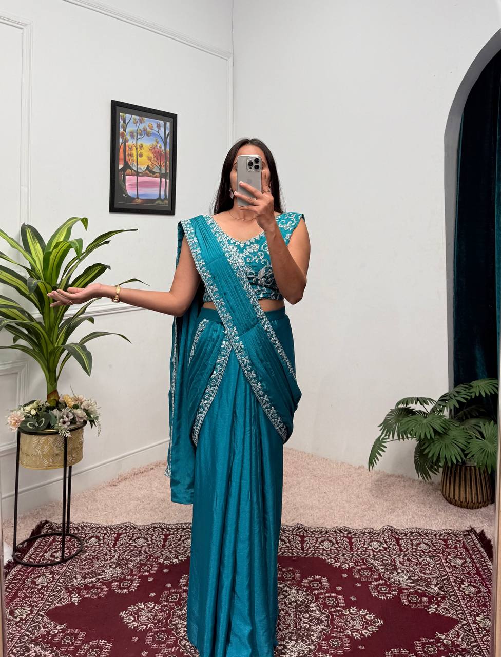 Superhit Teal Color Chinon With Embroidered Lace Border Ready To Wear Saree